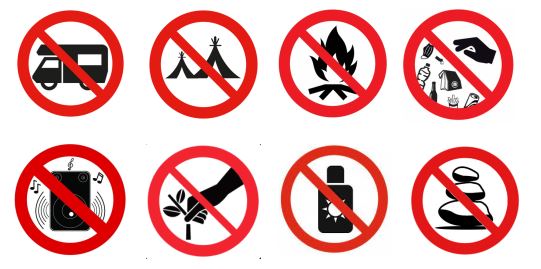 Interdictions aux campings-cars de stationner, de camper, d'allumer un feu, de jeter des déchets, d'écouter de la musique bruyante, de couper la végétation, d'utiliser de la crème solaire avant la baignade et d'extraire des pierres du lit de la rivière.